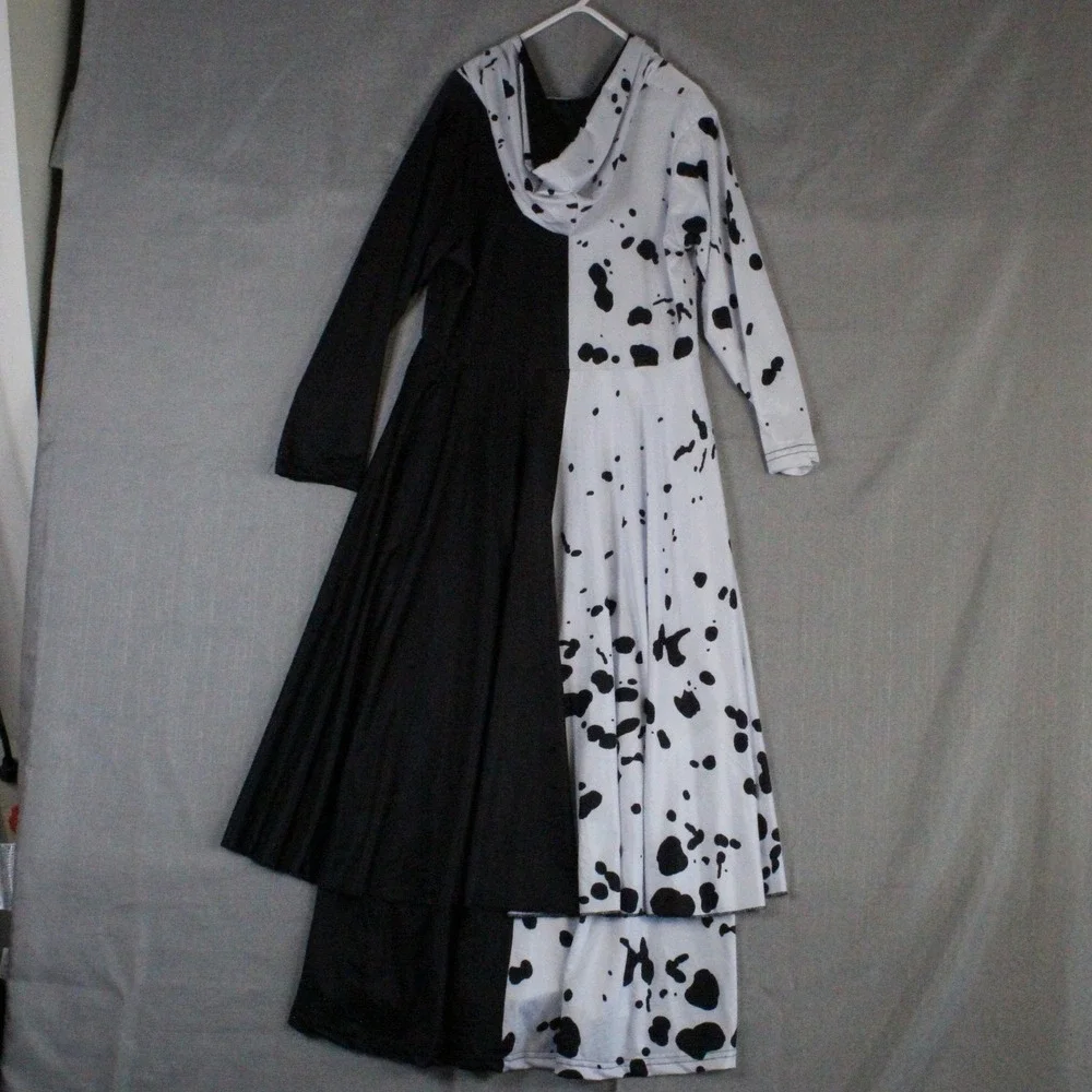 Cruella Costume Dress Wig Set Kids Size 10/12 Black White Dalmatian Goth Cosplay
